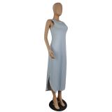 2022 autumn solid color vest slit dress long skirt