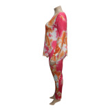 2022 autumn and winter large size casual tie-dye printed long-sleeved trousers two-piece set