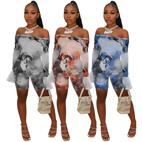 2022 Autumn Nightclub Sexy Transparent Mesh Printed Bell Sleeve One-Shoulder Jumpsuit