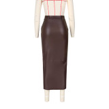 2022 autumn sexy solid color elastic slit lace-up leather skirt
