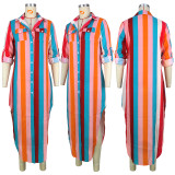 Fall 2022 Colorful Print Striped Button Pocket Dress