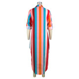 Fall 2022 Colorful Print Striped Button Pocket Dress