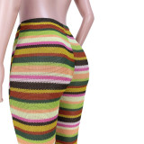 2022 Autumn Color Stripe Knit Hollow Jacquard Stacked Pants Flared Pants