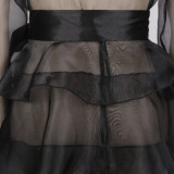 Autumn and winter large size lapel sexy see-through mesh cardigan with belt high waist slim puffy skirt dress