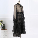 Autumn and winter large size lapel sexy see-through mesh cardigan with belt high waist slim puffy skirt dress