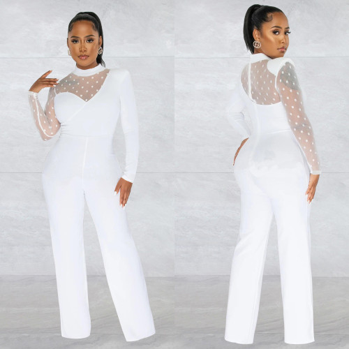 Polka Dot Mesh See-Through Long Sleeve Trousers Solid Color Jumpsuit