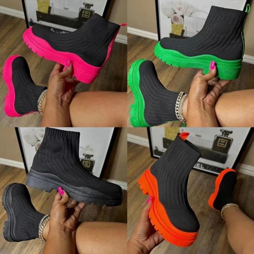 2022 autumn and winter large size platform knitted ankle boots round toe medium heel short socks boots