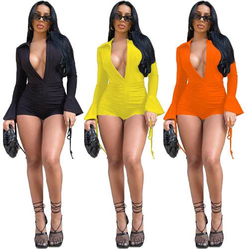 2022 autumn and winter sexy solid color long-sleeved shorts solid color lace-up jumpsuit