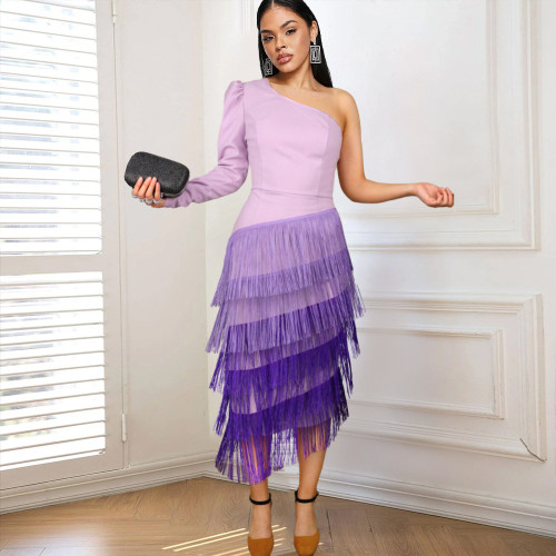 2022 Spring and Autumn Large Size Fashion Design One Shoulder Fringe Dress One Sleeve Prom Pack Hip One Step Dress