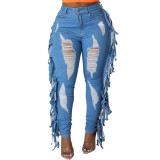 2022 autumn and winter sexy tassel ripped hole washed slim stretch denim pencil pants