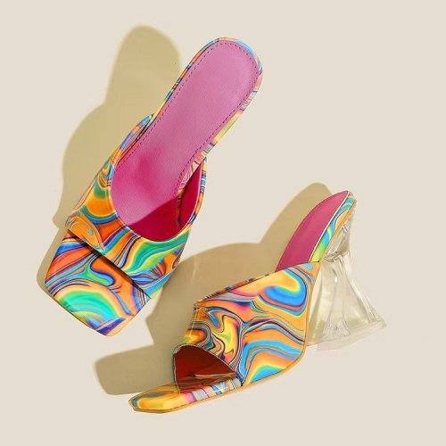 2022 summer and autumn plus size shoes rubber high heels PU thick heels square toe sandals and slippers painted horseshoe heels