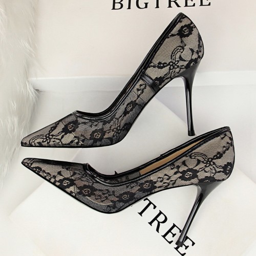 Sexy stiletto high heels shallow mouth pointed mesh hollow lace high heels