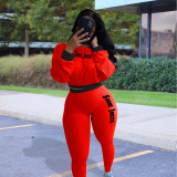Autumn and winter ribbed solid color letter sports and leisure two-piece suit