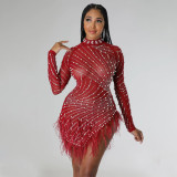 Autumn sexy fringed mesh hot diamond dress