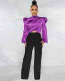 Autumn and winter turtleneck puff sleeves trousers lantern sleeve tops wide leg pants two-piece set