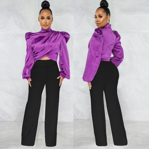 Autumn and winter turtleneck puff sleeves trousers lantern sleeve tops wide leg pants two-piece set