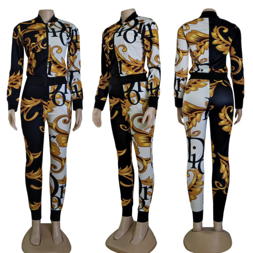 Autumn digital print long-sleeved trousers casual two-piece set