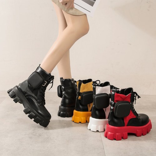 Autumn and winter large size thick-soled round martin boots front lace-up color-block British style pocket short martin boots