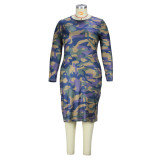 Autumn and winter camouflage print round neck one step dress long sleeve plus size dress