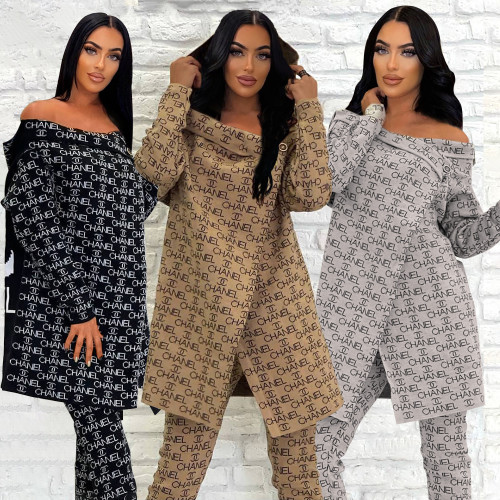 Thickened Winter Fashion Print Hooded One Shoulder Long Sleeve Button Jacket Set