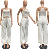 Solid Color Casual Small Vest Round Neck Flared Sleeves Wide Leg Pants Three-piece Set