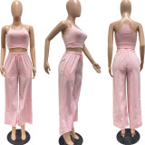 Solid Color Casual Small Vest Round Neck Flared Sleeves Wide Leg Pants Three-piece Set