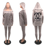 Thickened Winter Fashion Print Hooded One Shoulder Long Sleeve Button Jacket Set