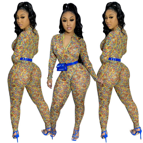 Sexy Printed Knit Long Sleeve Jumpsuit