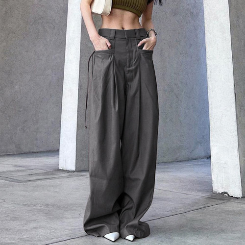 Retro street low waist spicy girls loose wide leg pants temperament pressure pleated pockets hundred casual dragging pants
