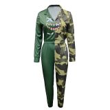 Personalized street hot girl camouflage color blocking print sports casual suit