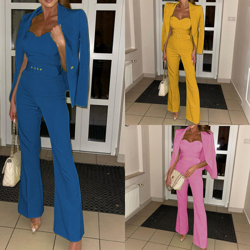 Fashion long-sleeved small suit pants jumpsuit set two-piece