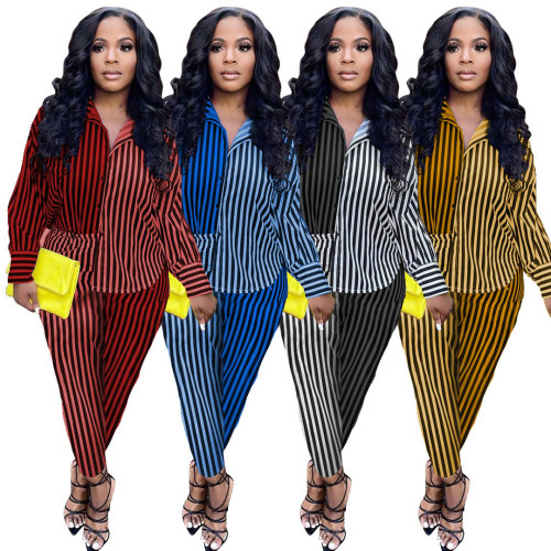Cute striped patchwork shirt two-piece set