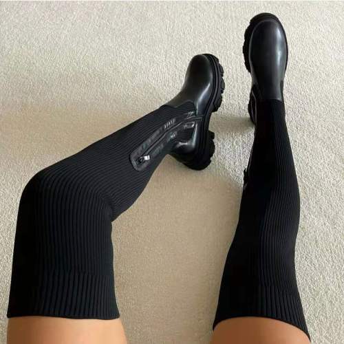Autumn and winter thick bottom round toe leather surface knitted stitching over the knee boots elastic fly woven wool leather boots