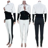 Casual skinny black and white stitching slim shirt two-piece
