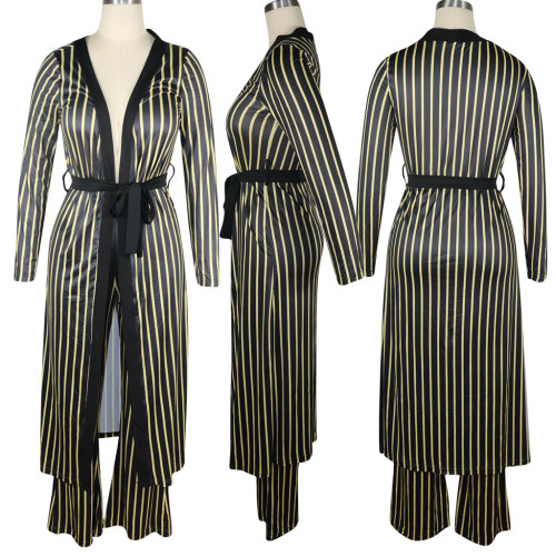 Striped print long-sleeved pants suit two-piece set with belt without undershirt