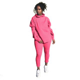 Casual sports solid color suit loose hooded two-piece
