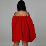 One-shoulder woven red long-sleeved top dress Nightclub dress