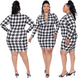 Plus size women's fashion print plaid long-sleeved package hip dress dress short dress
