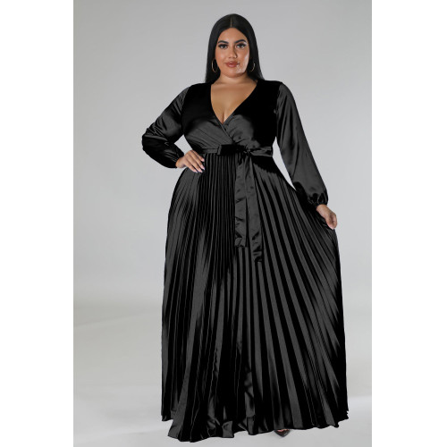 Plus size women's solid color clothing V-neck pressed pleated pleated skirt long dress dress