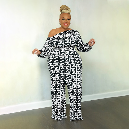Plus size women's jumpsuit geometric print long-sleeved tight-fitting including waistband