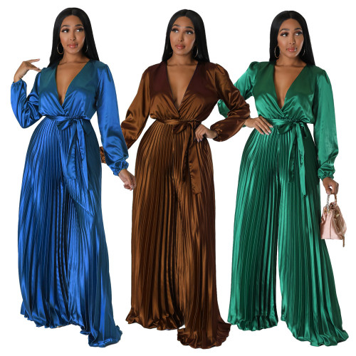 Sateen solid color pressed pleated loose wide leg jumpsuit