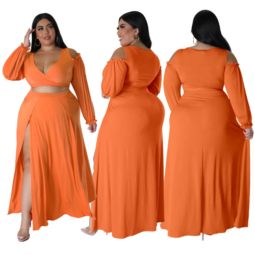 Plus size women's new European and American solid color V-neck sexy open long-sleeved two-piece set