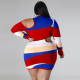 Plus size women's fashion print sexy strapless long-sleeved ladies package hip dress