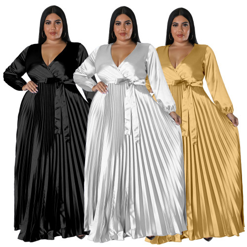 Plus size women's solid color clothing V-neck pressed pleated pleated skirt long dress dress