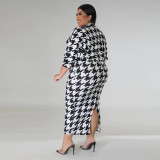 Plus size women's fashion print bird check skirt set two-piece