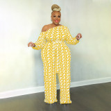 Plus size women's jumpsuit geometric print long-sleeved tight-fitting including waistband