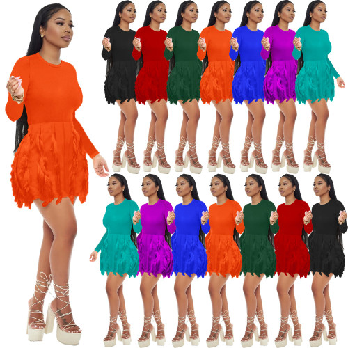 Slim tassel dress casual solid color dress