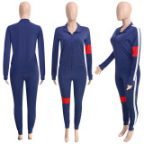 Splicing striped suit sports long sleeve casual jacket pants