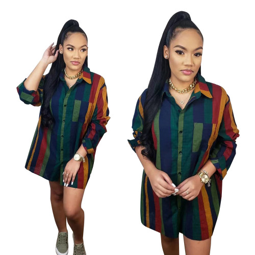 Multi-color striped printed long-sleeved short and medium dresses