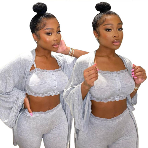 Home wear solid color casual lace pants pajamas three sets